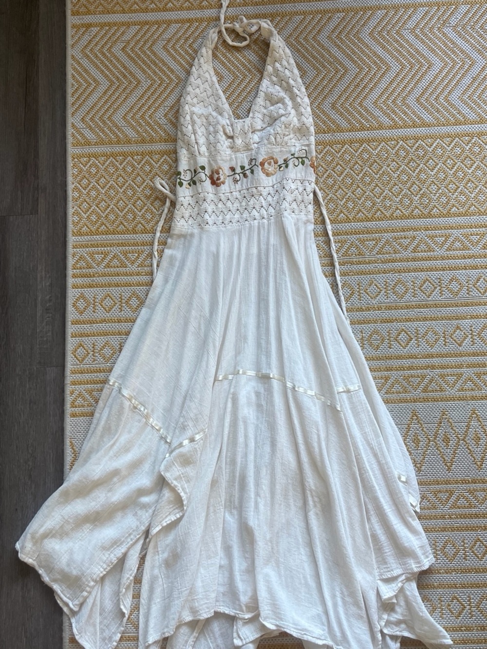1970s Bohemian Fairy White Halter Maxi Dress with Floral Embroidery